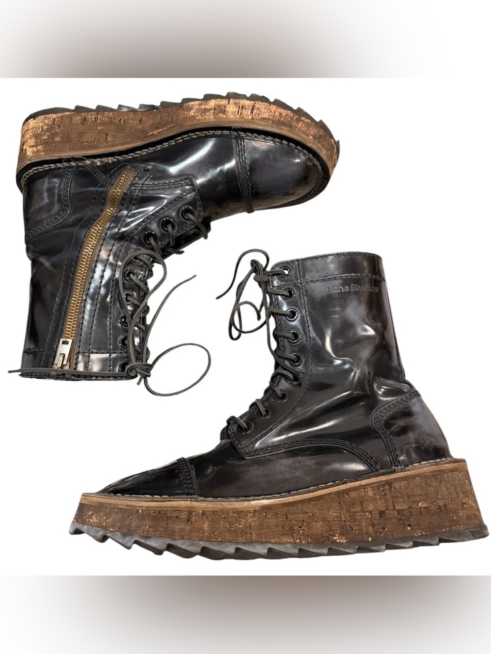 Acne Studios Patent Leather Combat Boots EU 43 Black Platform Lug Sole Zip